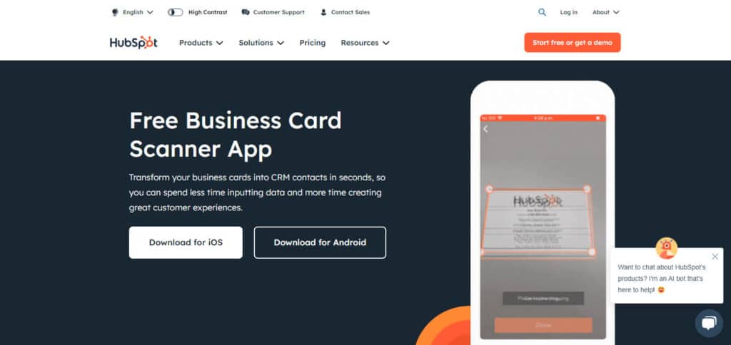 HubSpot Business Scanner App For Business Card Scanning